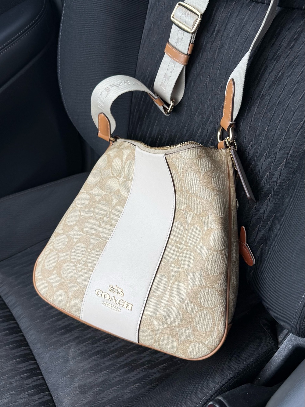 Coach Beige Signature Shoulder Bag with White Center Panel